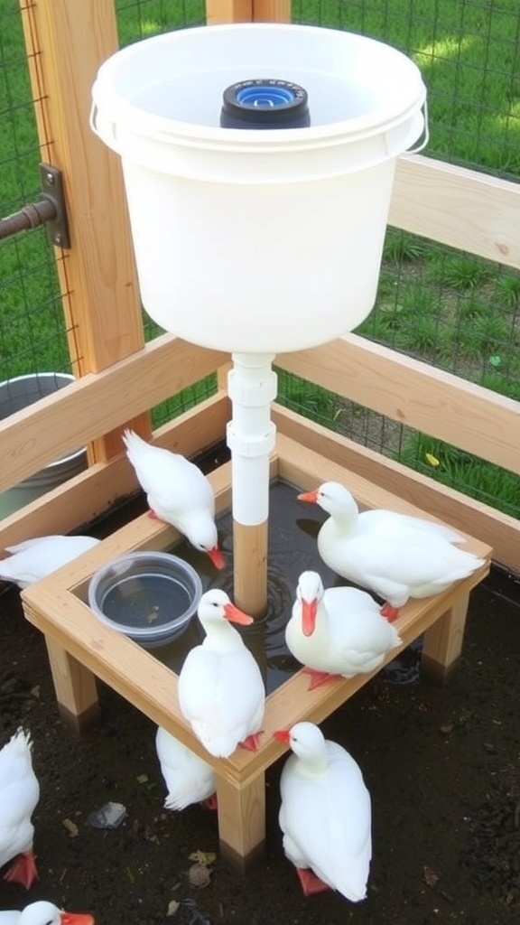 No-Mess Duck Waterer Design No-mess duck waterer with a bucket and PVC pipe in a clean duck pen.